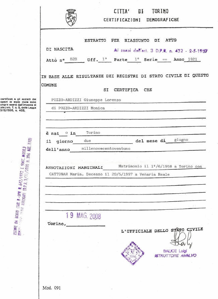 Doc Nacimiento Giuseppe Pozzo